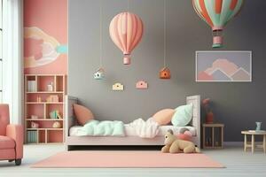 modern Kind Schlafzimmer Innere Design im Haus mit Dekoration Kinder. bunt Kinder Schlafzimmer Konzept durch ai generiert foto