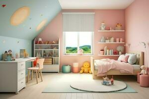 modern Kind Schlafzimmer Innere Design im Haus mit Dekoration Kinder. bunt Kinder Schlafzimmer Konzept durch ai generiert foto