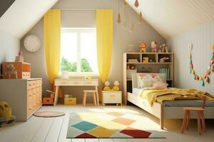 modern Kind Schlafzimmer Innere Design im Haus mit Dekoration Kinder. bunt Kinder Schlafzimmer Konzept durch ai generiert foto