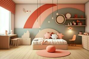 modern Kind Schlafzimmer Innere Design im Haus mit Dekoration Kinder. bunt Kinder Schlafzimmer Konzept durch ai generiert foto