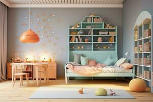 modern Kind Schlafzimmer Innere Design im Haus mit Dekoration Kinder. bunt Kinder Schlafzimmer Konzept durch ai generiert foto