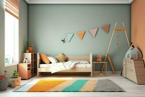 modern Kind Schlafzimmer Innere Design im Haus mit Dekoration Kinder. bunt Kinder Schlafzimmer Konzept durch ai generiert foto