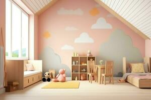 modern Kind Schlafzimmer Innere Design im Haus mit Dekoration Kinder. bunt Kinder Schlafzimmer Konzept durch ai generiert foto