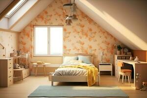 modern Kind Schlafzimmer Innere Design im Haus mit Dekoration Kinder. bunt Kinder Schlafzimmer Konzept durch ai generiert foto