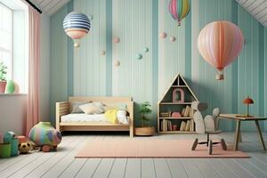 modern Kind Schlafzimmer Innere Design im Haus mit Dekoration Kinder. bunt Kinder Schlafzimmer Konzept durch ai generiert foto