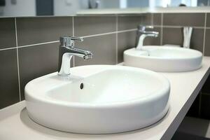 modern Öffentlichkeit Badezimmer mit Reihe von Weiß Keramik waschen sinken Becken und Wasserhahn mit Spiegel im Toilette Konzept durch ai generiert foto