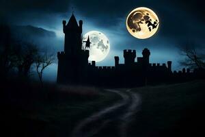 ein Schloss mit ein voll Mond und ein Hexe fliegend Über Es. KI-generiert foto
