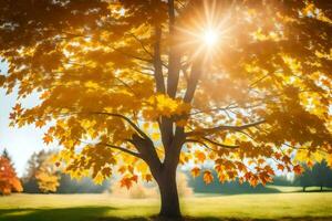 Herbst Baum mit Sonne leuchtenden durch Blätter. KI-generiert foto