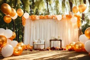 ein Hochzeit Zeremonie mit Luftballons und Weiß und Gold Dekorationen. KI-generiert foto