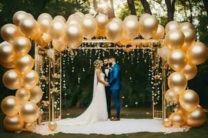 Hochzeit Zeremonie mit Gold Luftballons. KI-generiert foto