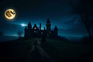 ein Schloss im das dunkel mit ein voll Mond. KI-generiert foto
