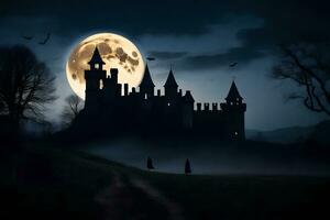 Halloween Schloss mit voll Mond im das Hintergrund. KI-generiert foto