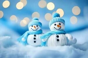zwei Schneemänner tragen Blau Hüte und Schals. KI-generiert foto
