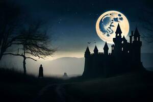 ein Schloss im das Nacht mit ein voll Mond. KI-generiert foto