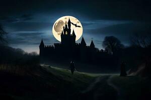 Halloween Schloss, Nacht, Mond, Schloss, Halloween, Halloween Schloss,. KI-generiert foto