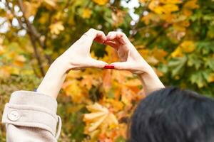 ein Frau mit rot Maniküre Finger Herstellung ein Herz gestalten von Hände auf ein Herbst Hintergrund. foto