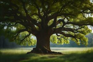 ein alt Eiche Baum im das Mitte von ein Feld. KI-generiert foto