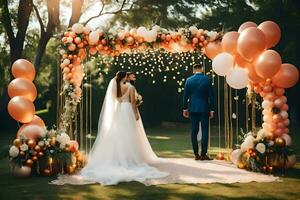 Hochzeit Zeremonie im das Garten. KI-generiert foto