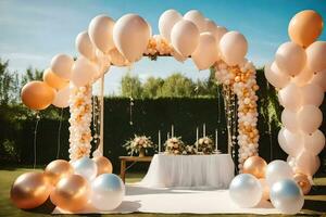 ein Hochzeit Bogen mit Luftballons und Weiß und Gold Dekorationen. KI-generiert foto