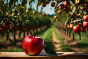 ein Apfel sitzt auf ein hölzern Tabelle im ein Apfel Obstgarten. KI-generiert foto