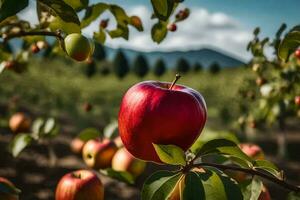 ein Apfel Baum mit rot Äpfel auf Es. KI-generiert foto