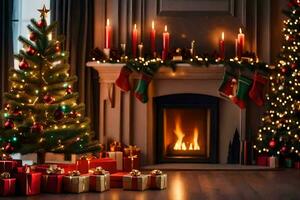 Weihnachten Baum und die Geschenke im Vorderseite von Kamin. KI-generiert foto