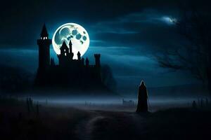 ein Mann im ein schwarz Mantel Spaziergänge im Vorderseite von ein Schloss beim Nacht. KI-generiert foto