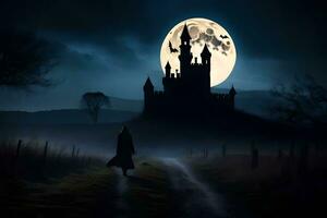 ein Mann im ein Mantel Spaziergänge durch ein Feld beim Nacht mit ein Schloss im das Hintergrund. KI-generiert foto