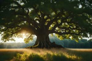 das Sonne scheint durch das Kofferraum von ein alt Eiche Baum. KI-generiert foto