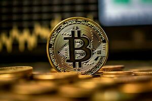 golden Bitcoin Digital Kryptowährung futuristisch Geld. Technologie Geschäft Internet Handel Konzept durch ai generiert foto