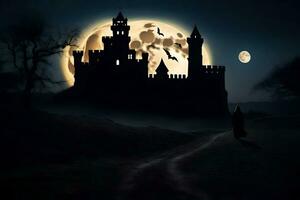 ein Schloss im das dunkel mit ein voll Mond im das Hintergrund. KI-generiert foto