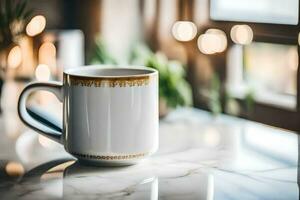 ein Weiß Kaffee Tasse Sitzung auf ein Marmor Schalter. KI-generiert foto