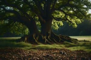 ein groß Baum mit Wurzeln im das Mitte von ein Feld. KI-generiert foto