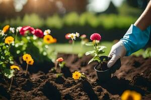 ein Person ist Pflanzen Blumen im ein Garten. KI-generiert foto