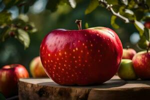 ein Apfel Sitzung auf oben von ein Stumpf. KI-generiert foto