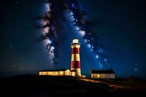 ein Leuchtturm mit Sterne im das Himmel und ein rot und Weiß Licht. KI-generiert foto