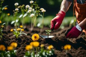 ein Person im rot Handschuhe ist Pflanzen Blumen im das Garten. KI-generiert foto