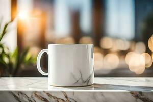 ein Weiß Kaffee Becher auf ein Marmor Schalter. KI-generiert foto