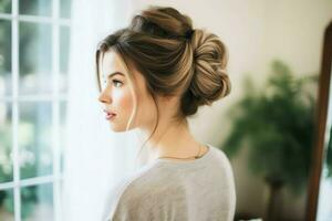 ein schön Braut mit ein Brötchen Frisuren zum lange Haar aussehen von zurück. ein weiblich Frisur Rückseite Aussicht Konzept durch ai generiert foto