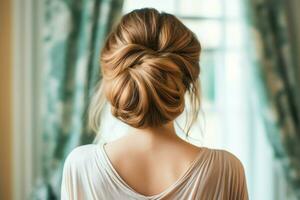 ein schön Braut mit ein Brötchen Frisuren zum lange Haar aussehen von zurück. ein weiblich Frisur Rückseite Aussicht Konzept durch ai generiert foto