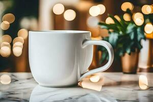 ein Weiß Kaffee Tasse auf ein Marmor Schalter. KI-generiert foto