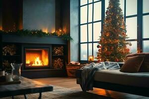 gemütlich Leben Zimmer mit Kamin und schön Weihnachten Baum im klassisch Innere. Innere von Leben Zimmer dekoriert zum fröhlich Weihnachten mit Socken, Geschenk Kisten und Weihnachten Zubehör durch ai generiert foto