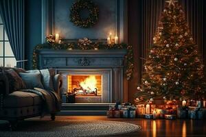 gemütlich Leben Zimmer mit Kamin und schön Weihnachten Baum im klassisch Innere. Innere von Leben Zimmer dekoriert zum fröhlich Weihnachten mit Socken, Geschenk Kisten und Weihnachten Zubehör durch ai generiert foto