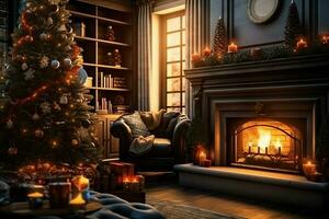 gemütlich Leben Zimmer mit Kamin und schön Weihnachten Baum im klassisch Innere. Innere von Leben Zimmer dekoriert zum fröhlich Weihnachten mit Socken, Geschenk Kisten und Weihnachten Zubehör durch ai generiert foto