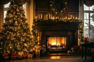 gemütlich Leben Zimmer mit Kamin und schön Weihnachten Baum im klassisch Innere. Innere von Leben Zimmer dekoriert zum fröhlich Weihnachten mit Socken, Geschenk Kisten und Weihnachten Zubehör durch ai generiert foto