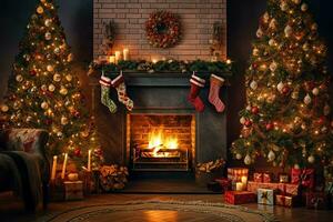 gemütlich Leben Zimmer mit Kamin und schön Weihnachten Baum im klassisch Innere. Innere von Leben Zimmer dekoriert zum fröhlich Weihnachten mit Socken, Geschenk Kisten und Weihnachten Zubehör durch ai generiert foto