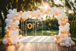 ein Hochzeit Bogen mit Luftballons und ein Nummer 10. KI-generiert foto