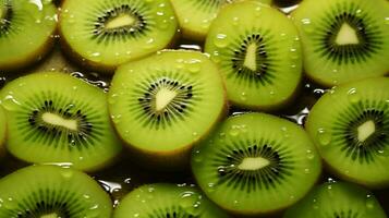 Kiwi Scheiben mit Wasser Hintergrund. schließen hoch, Wasser Tropfen. generativ ai foto