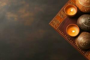 glücklich Diwali oder Deepavali traditionell indisch Festival mit Lehm Diya Öl Lampe. indisch Hindu Festival von Licht Symbol mit Kerze und Licht. Lehm Diya Lampe zündete während Diwali Feier durch ai generiert foto