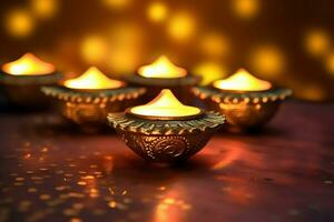 glücklich Diwali oder Deepavali traditionell indisch Festival mit Lehm Diya Öl Lampe. indisch Hindu Festival von Licht Symbol mit Kerze und Licht. Lehm Diya Lampe zündete während Diwali Feier durch ai generiert foto